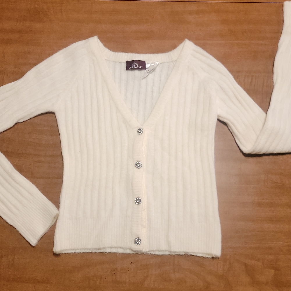 Vtg 90s Jordache Cream Ribbed Sweater Small 3/5 S 45S106 Rhinestone Buttons B8